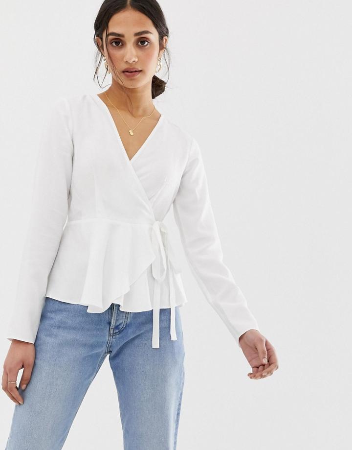 Asos Design Wrap Top In Linen With Pephem - White