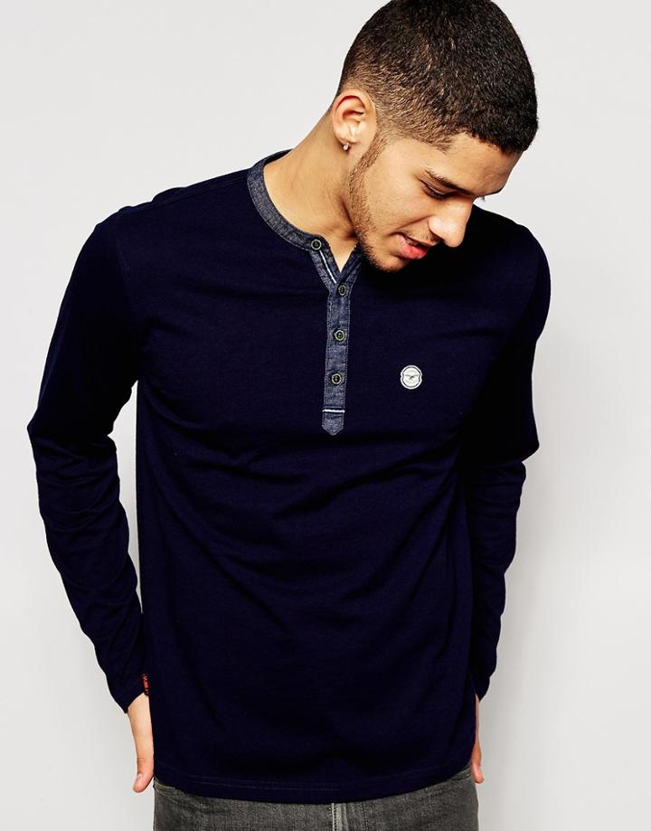 Le Breve Grandad Collar Long Sleeve T-shirt - Navy