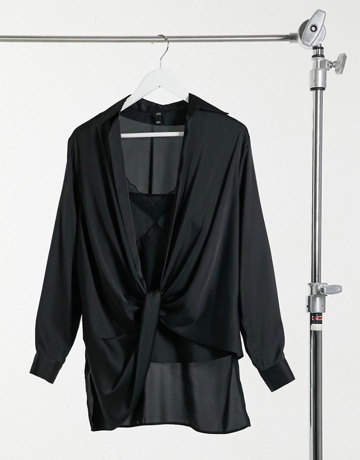 River Island Satin Twist Cami And Shirt In Black