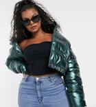 Asos Design Curve Glam Metallic Crop Puffer Jacket In Green-gray