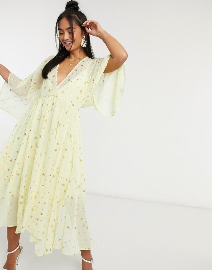 John Zack Puff Sleeve Midi Skater Dress In Yellow Star Print