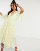 John Zack Puff Sleeve Midi Skater Dress In Yellow Star Print