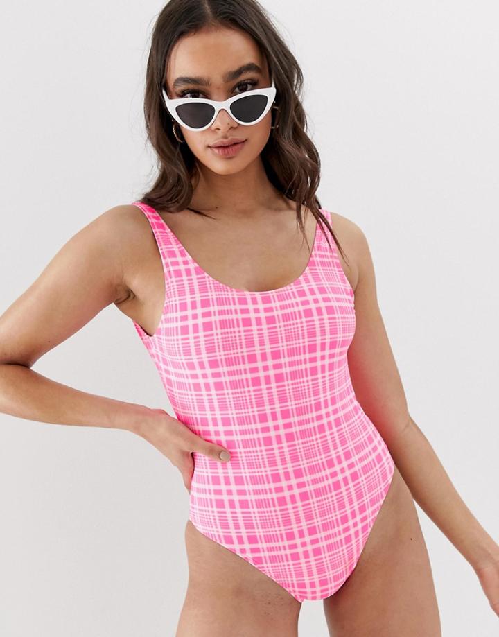 New Look Scoop Back Swimsuit In Pink Check