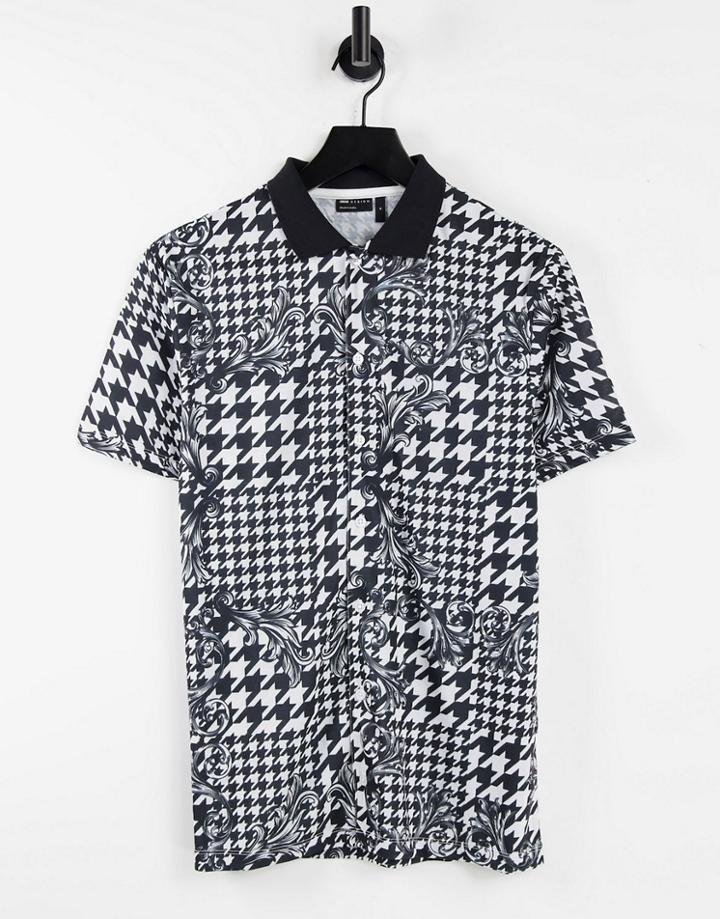 Asos Design Polo Shirt In Dogstooth & Baroque All Over Print-multi