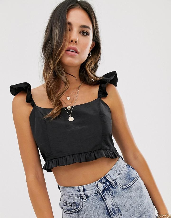 Asos Design Cropped Top With Frill Shoulder - Black