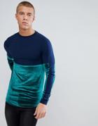 Asos Longline Muscle Long Sleeve T-shirt With Velour And Jersey Panelling In Navy - Navy