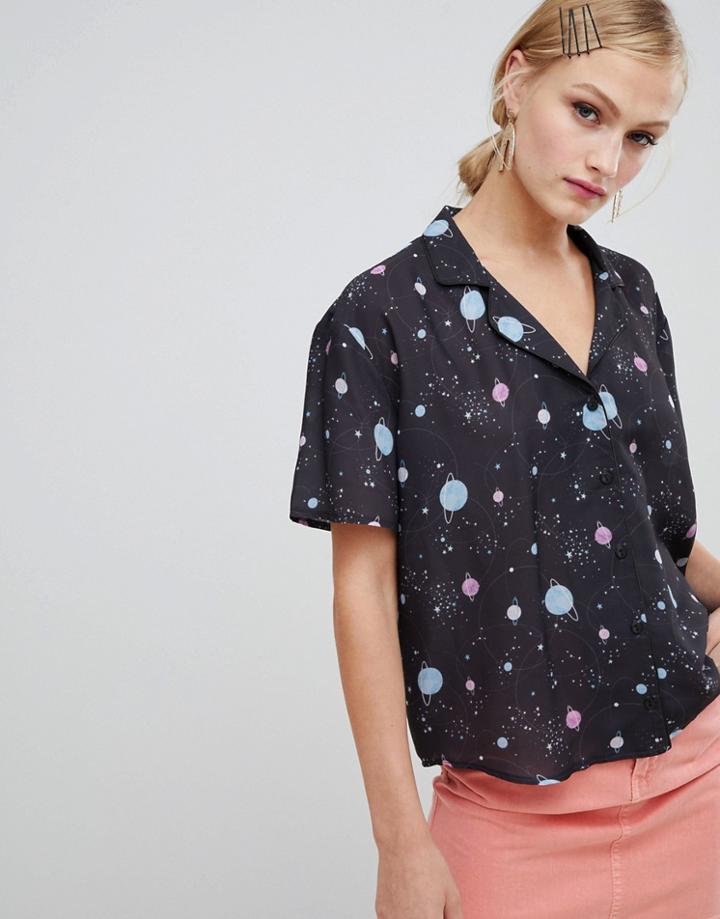 Asos Design Bowling Shirt In Planet Print - Multi