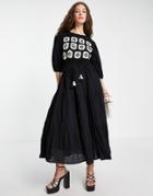 Topshop Crochet Panel Midi Dress With Monochrome In Black