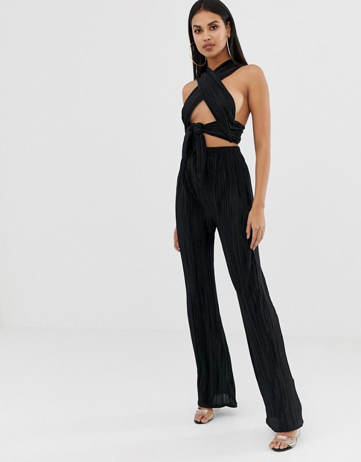 Prettylittlething Plisse Wide Leg Pants In Black - Black