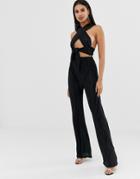 Prettylittlething Plisse Wide Leg Pants In Black - Black