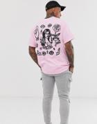 Hnr Ldn Prison Tattoo Back Print T-shirt In Oversized - Pink