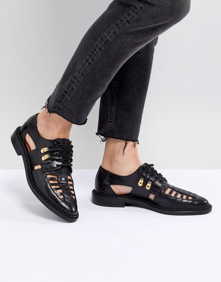 Selected Femme Leather Caged Lace Up Flat Shoe - Black