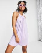 Asos Design Textured Tie Halter Romper In Washed Lilac-orange