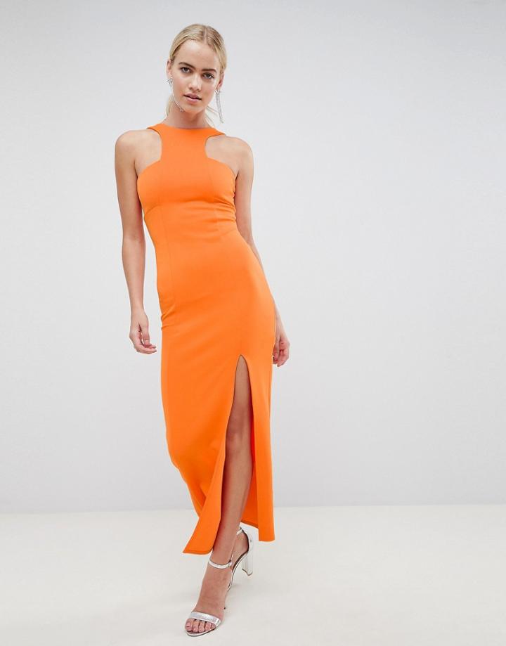 Asos Design Racer Neck Scuba Maxi Dress With Thigh Split - Orange