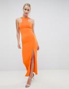 Asos Design Racer Neck Scuba Maxi Dress With Thigh Split - Orange