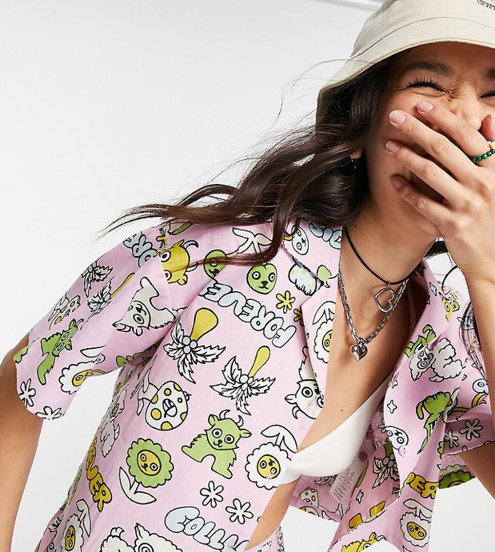 Collusion Forever Print Cropped Beach Shirt In Multi - Part Of A Set