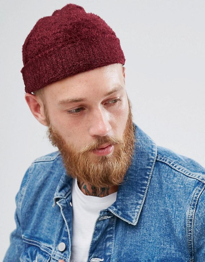 Asos Mini Fisherman Beanie In Textured Burgundy - Red