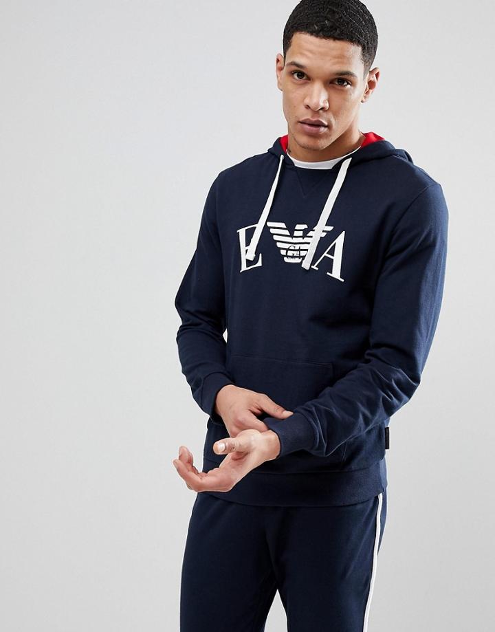 Emporio Armani Lounge Pop Over Logo Hoodie In Navy - Navy