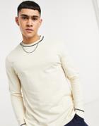 Asos Design Muscle Fit Long Sleeve T-shirt With Tipping Detail In Beige-neutral