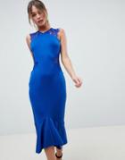 Asos Design Scuba Lace Insert Pephem Midi Dress - Blue