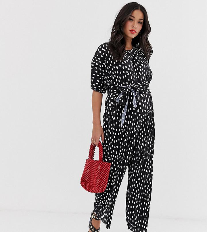 Asos Design Maternity Plisse Tie Front Jumpsuit In Polka Dot-multi