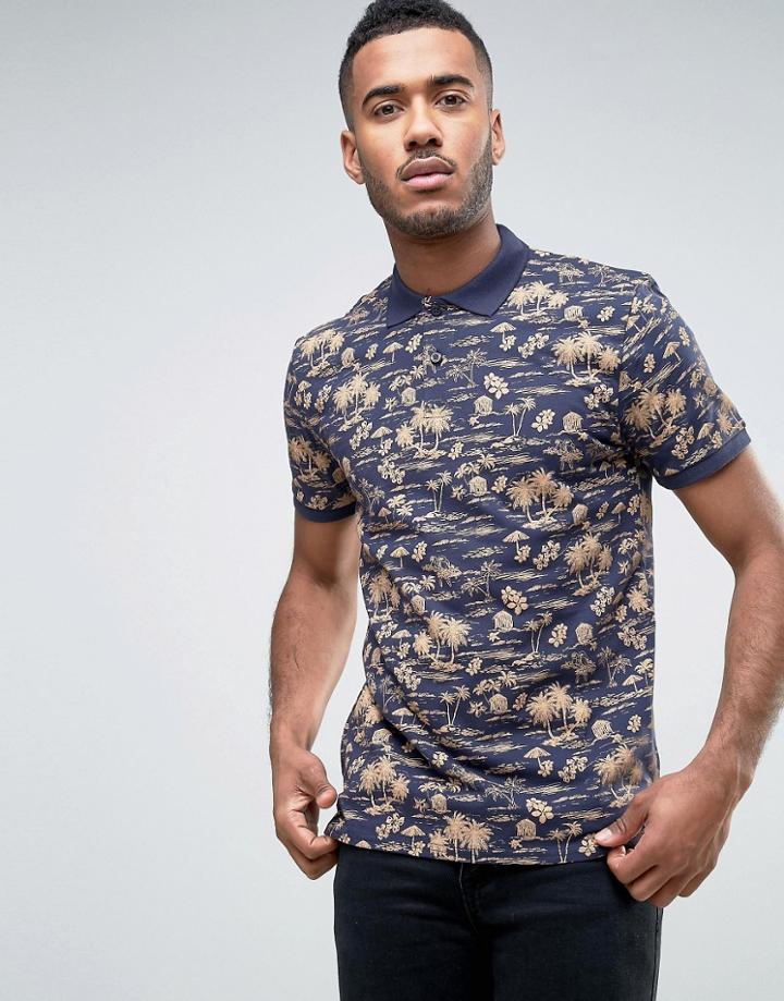 Threadbare Island Print Polo - Brown