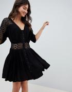 Asos Design Button Through Casual Tea Mini Dress With Lace Insert-black