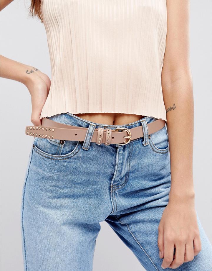 Pieces Leather Studded Belt - Beige