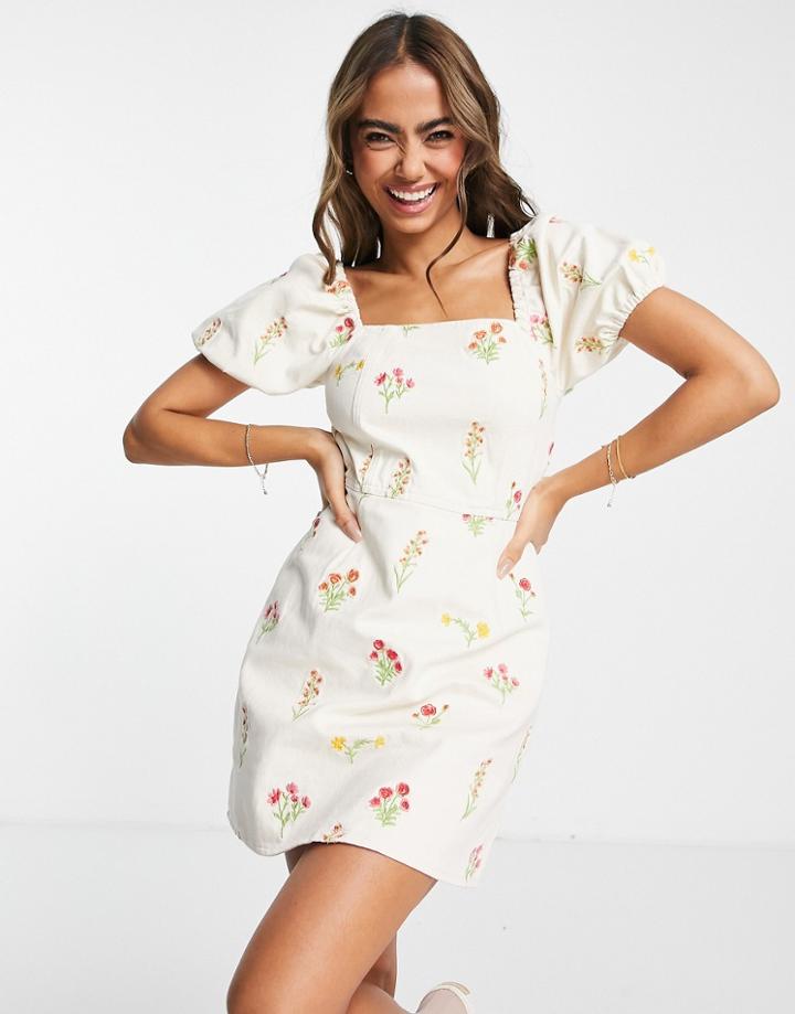 Miss Selfridge All Over Floral Embroided Denim Dress In Ivory-white