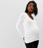 Asos Design Maternity Ultimate Top With Long Sleeve And V-neck With Ruching In White - White