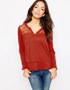 Only V-neck Top With Shoudler Cut Out Detail - Red Ochre