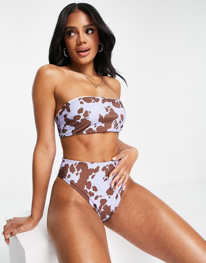 Asos Design Recycled Reversible High Leg High Waist Bikini Bottom In Cow Print-multi