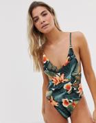 Pull & Bear Pacific Swimsuit In Tropical Floral Print - Multi