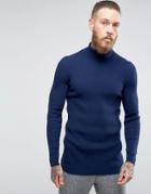 Asos Longline Muscle Fit Ribbed Roll Neck Sweater - Navy