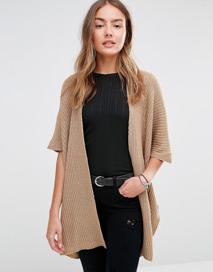 Brave Soul Ribbed Short Sleeve Cardigan - Tan