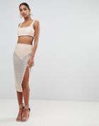 In The Style Embroidered Sequin Sequin Thigh Split Midi Skirt-beige