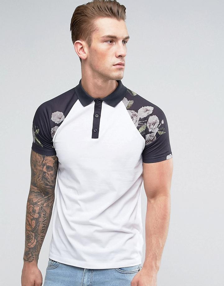 Asos Polo With Contrast Raglan Pixel Floral Print Sleeves - White