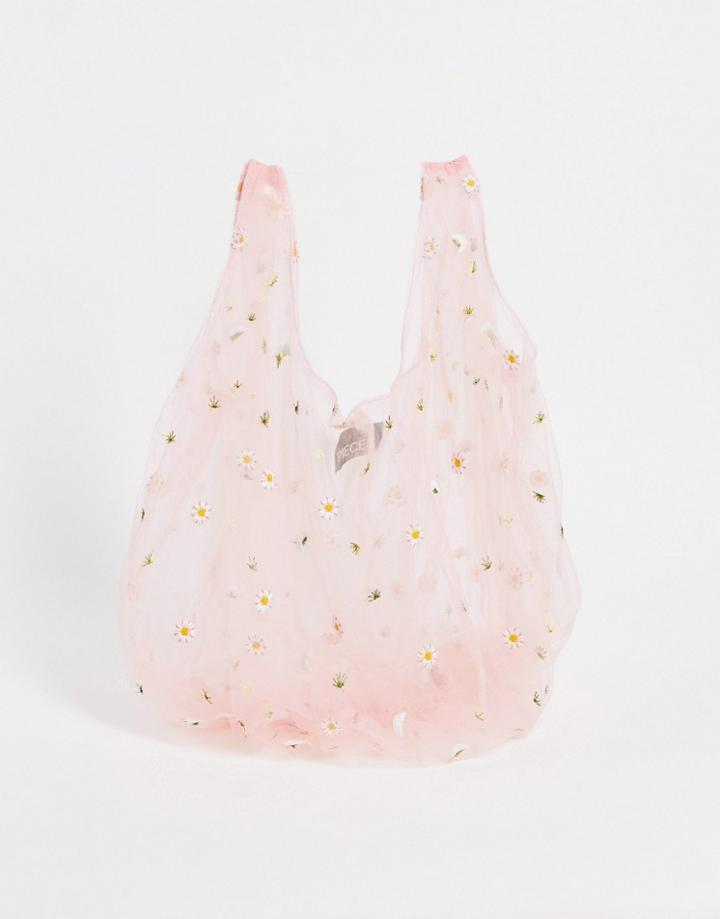 Pieces Embroidered Shopper Bag In Pink Floral