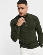 Asos Design Midweight Half Zip Cotton Sweater In Khaki-green