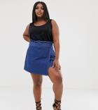 Asos Design Curve Denim Mini Skirt With Paperbag Waist And Belt - Blue