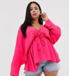Asos Design Curve Batwing Sleeve Top With Tie Waist-pink