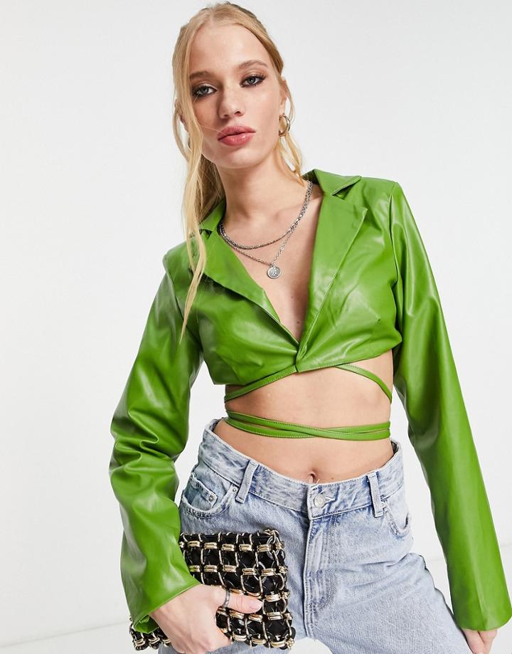 Missyempire Strappy Cut-out Leather Look Blazer In Green - Part Of A Set