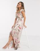 Lipsy X Abbey Clancy Wrap Front Ruffle Midi Dress In Pink Floral Print-multi