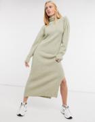 Asos Design Knit Midi Dress With Puff Shoulder Detail In Beige-neutral