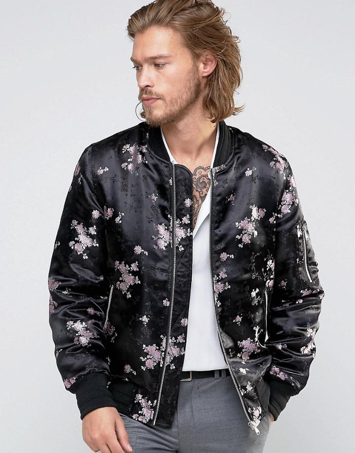 Asos Floral Jacquard Bomber Jacket In Black - Black