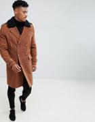 Asos Design Wool Mix Trench Coat With Fleece Collar In Tobacco - Brown