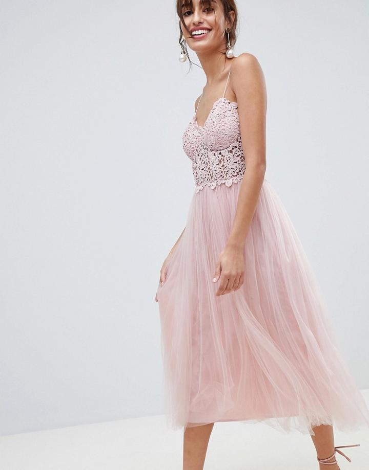 Asos Design Premium Lace Cami Top Tulle Midi Dress-pink