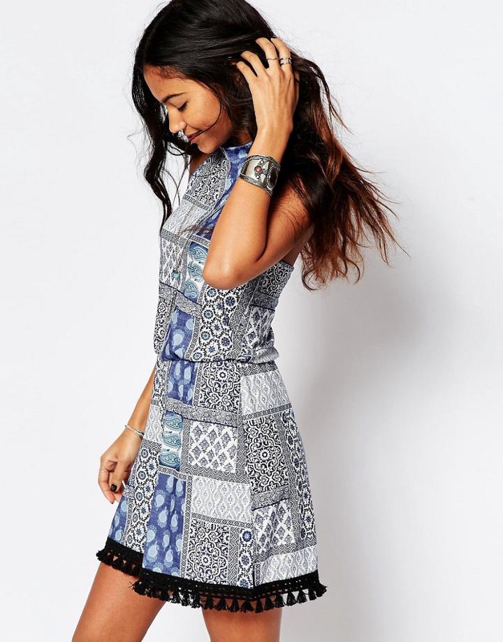 Asos Halter Romper In Tile Print With Tassle Hem - Multi