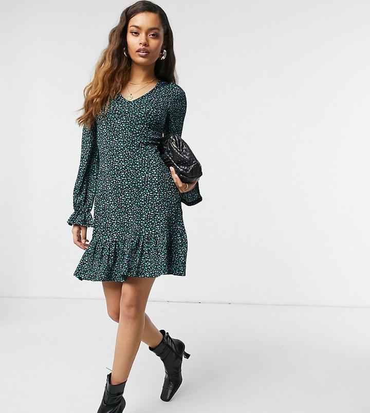 River Island Petite Long Sleeve Ruffle Hem Mini Dress In Black-blue