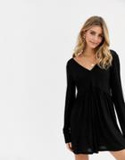 Asos Design Curved Smock Romper With Long Sleeves - Black